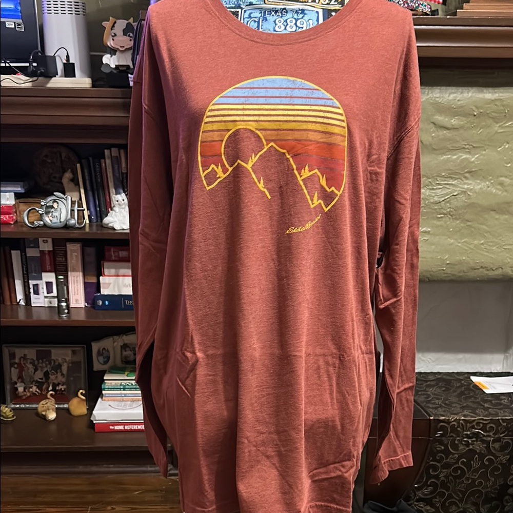 Eddie Bauer Brown and Orange Long Sleeve Tee with Mountain Graphic